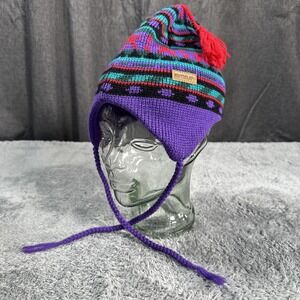 Vintage Smiley Stocking Cap Pom Pom Ski Beanie 100% Wool Purple Women's SZ L